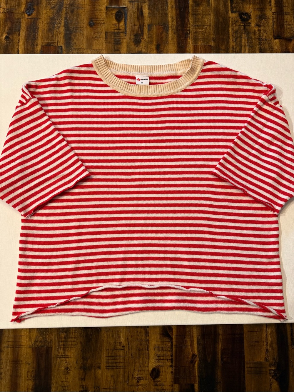 🍒 Wiholl Women's loose fit baggy crop top. M red & white striped cream knit fun